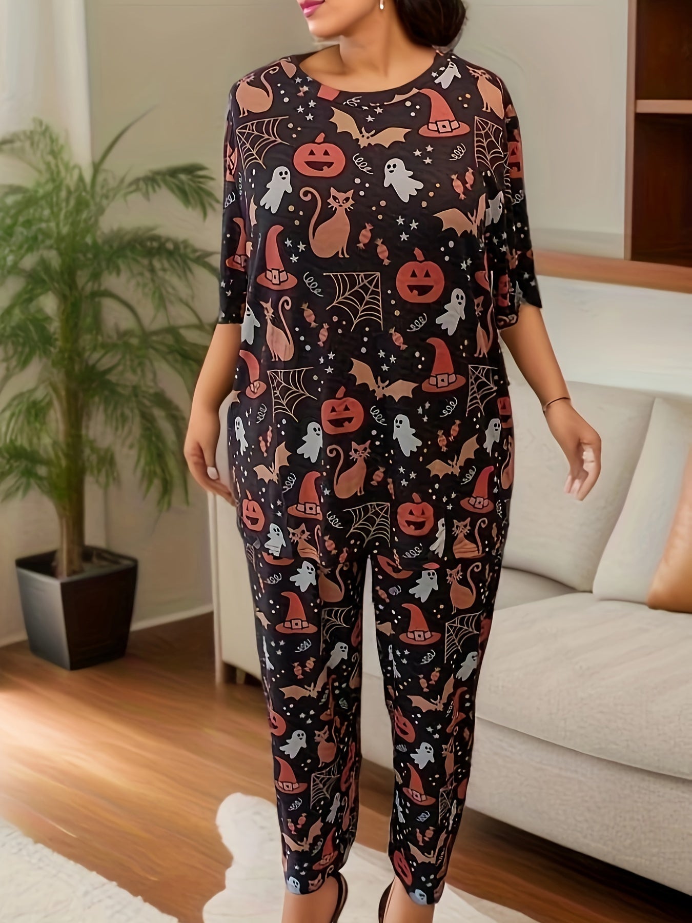 Halloween Loungewear Ghost & Pumpkin Print Tee & Pants Pajama Set