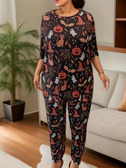 Halloween Loungewear Ghost & Pumpkin Print Tee & Pants Pajama Set