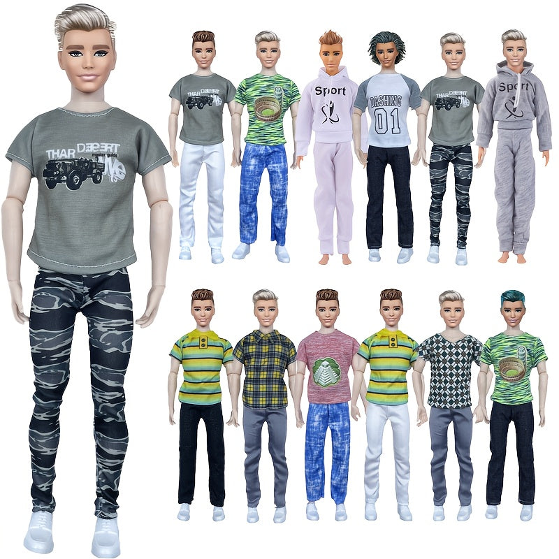 10pcs Male Doll Clothes for 11.82in Doll, 5 Tops and 5 Pants, Christmas Gift