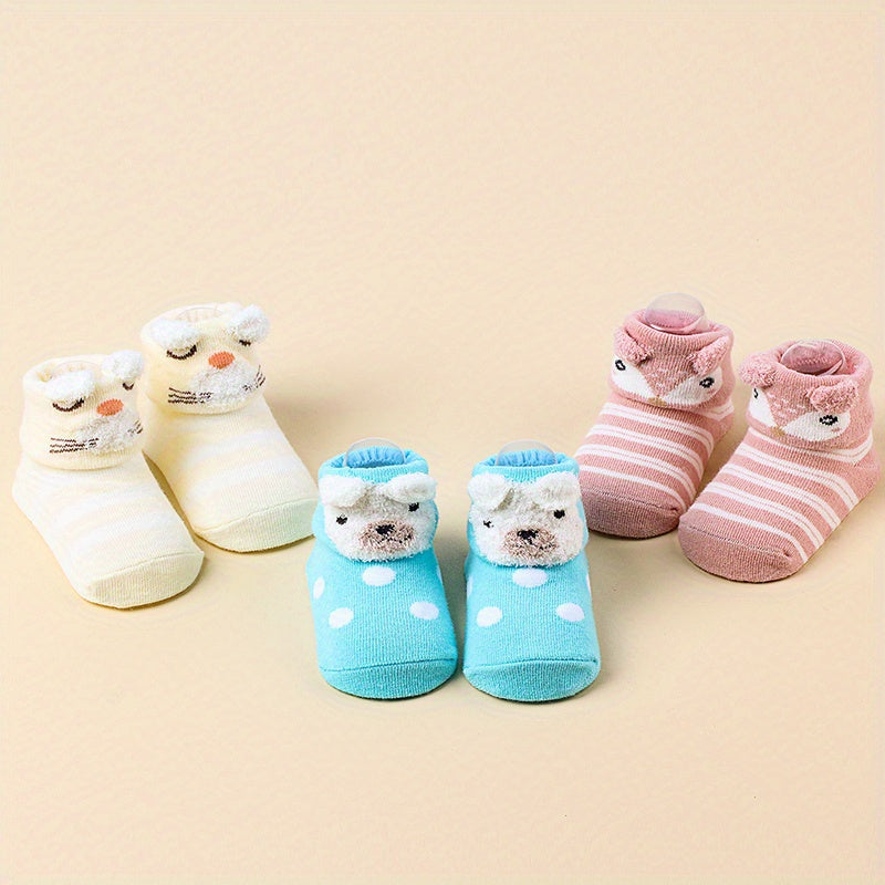 3 Pairs Baby Girls Cartoon Animal Non Slip Floor Socks
