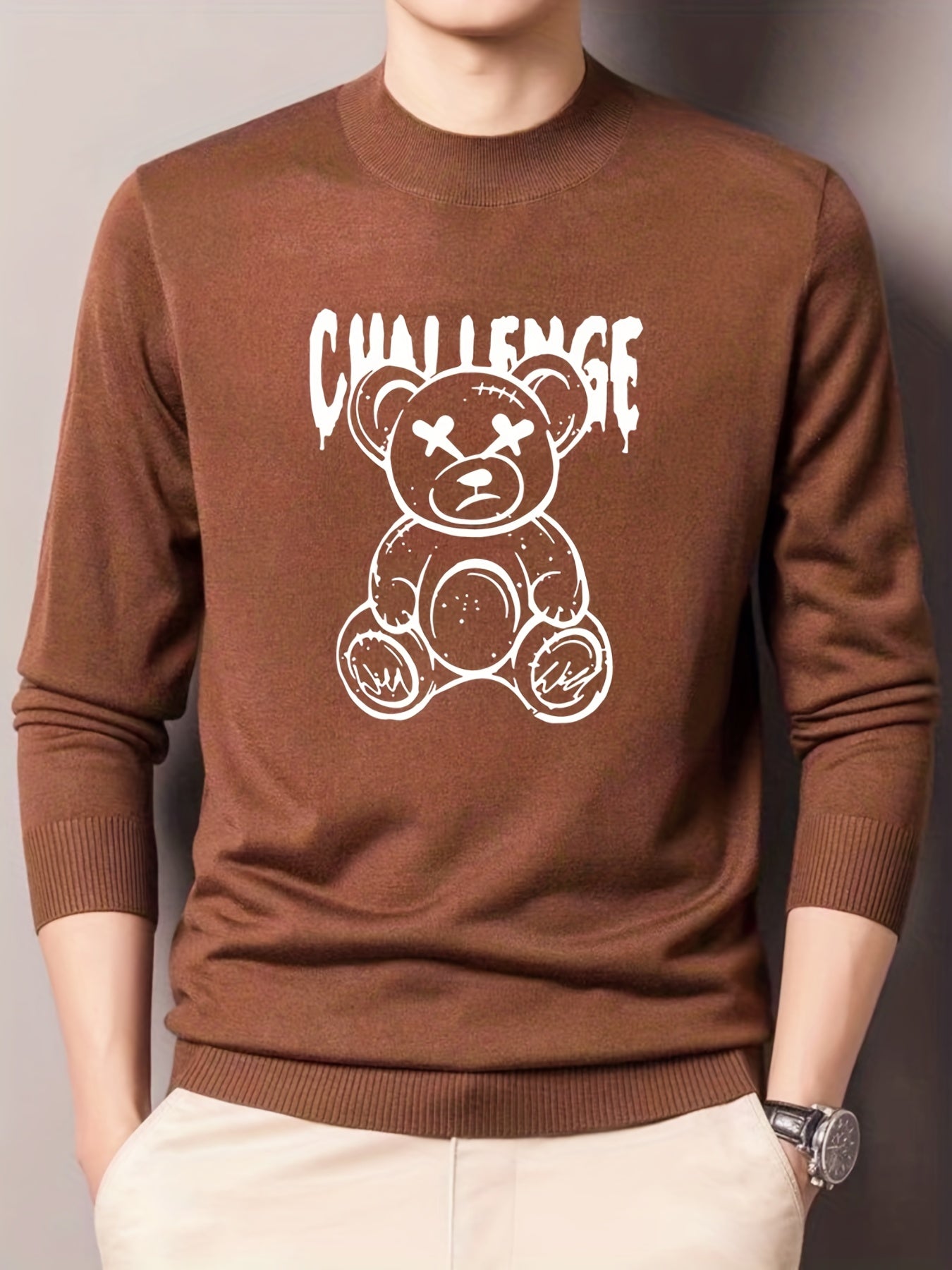Cartoon Teddy Bear Print Knitted Sweater Men's Casual Warm Pullover