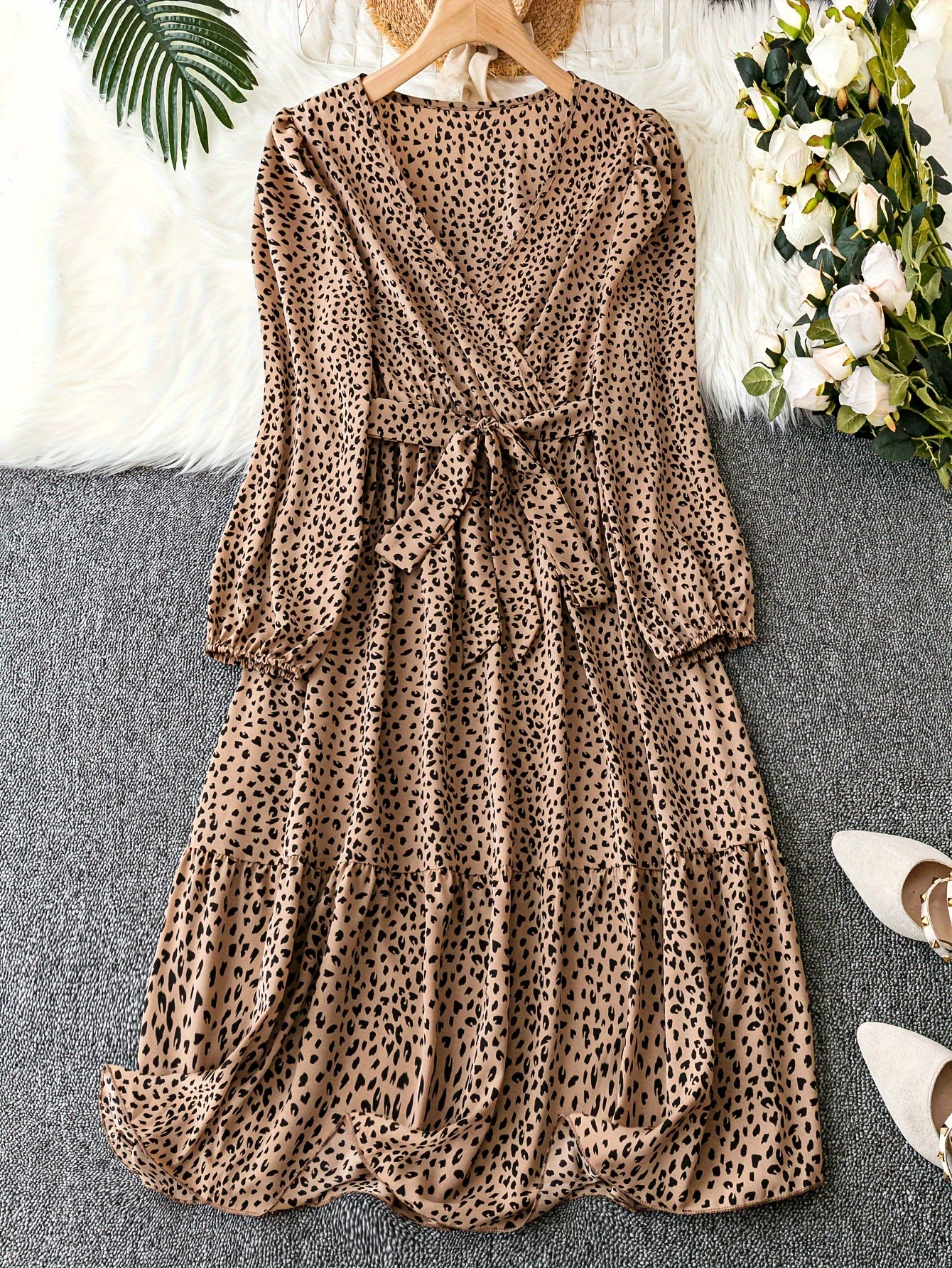Leopard Print Lantern Sleeve Maxi Dress
