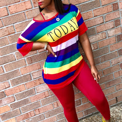 Women's Rainbow Striped Short Sleeve T-shirt & Solid Pants Set