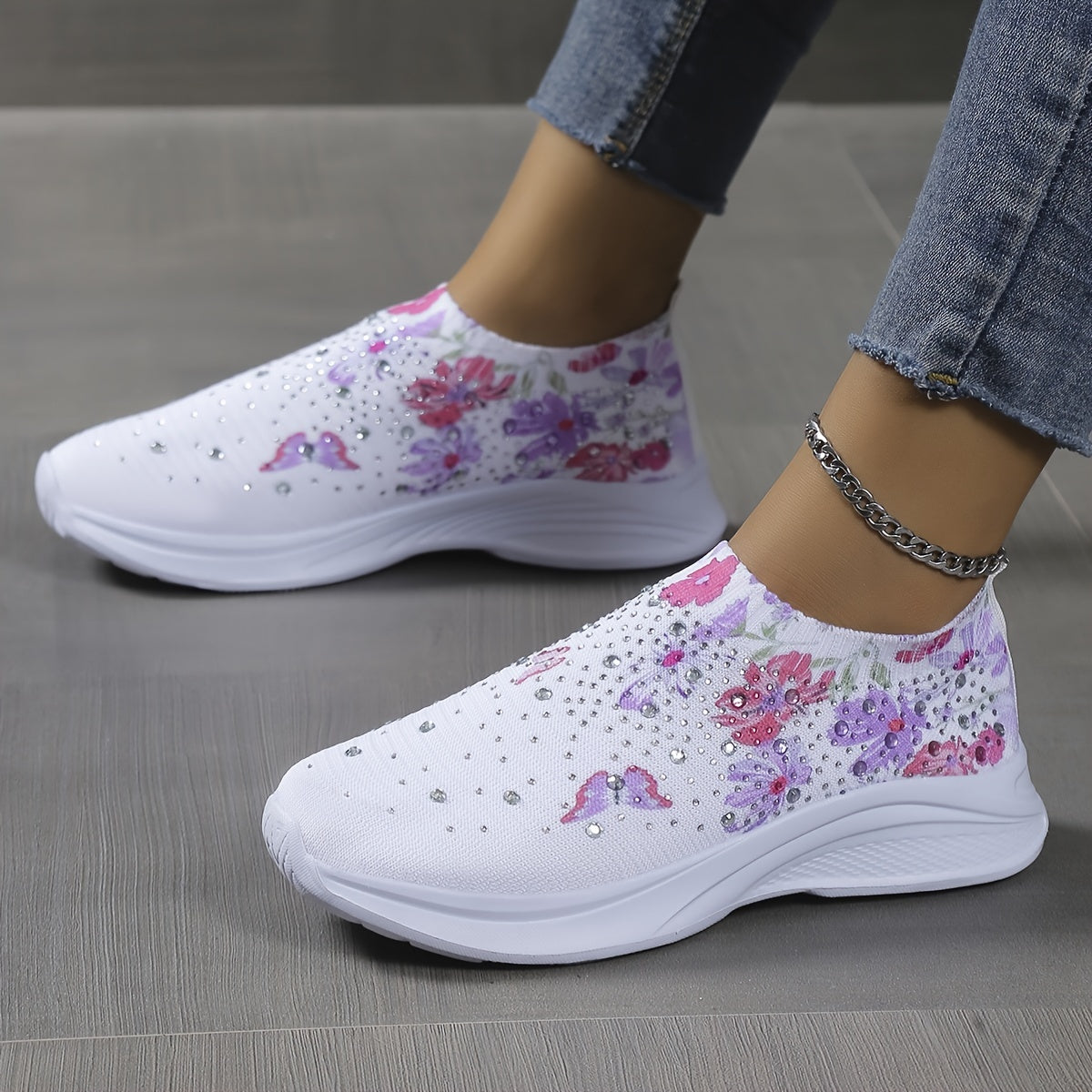 Women's Rhinestone Sock Shoes Butterfly & Floral Print Knitted Low Top Sneakers