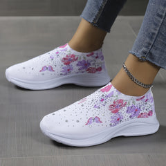 Women's Rhinestone Sock Shoes Butterfly & Floral Print Knitted Low Top Sneakers