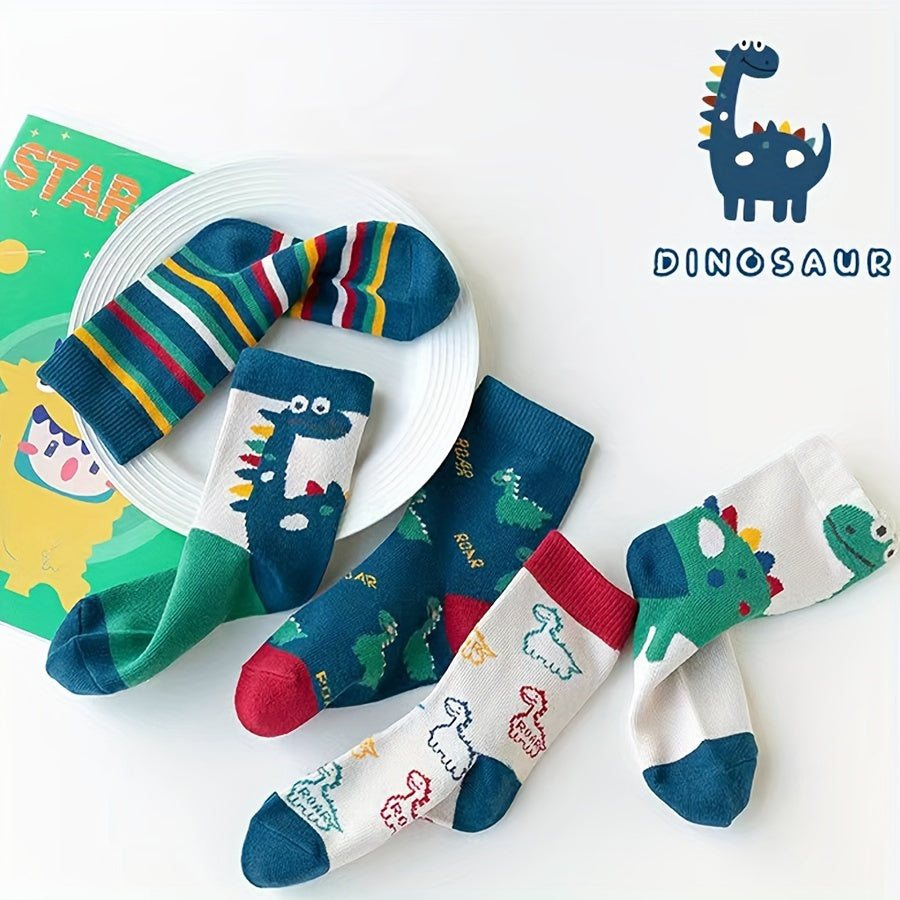 5 Pairs Boy's Dinosaur Cartoon Crew Socks Breathable Comfy Casual Style Unisex