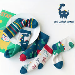 5 Pairs Boy's Dinosaur Cartoon Crew Socks Breathable Comfy Casual Style Unisex