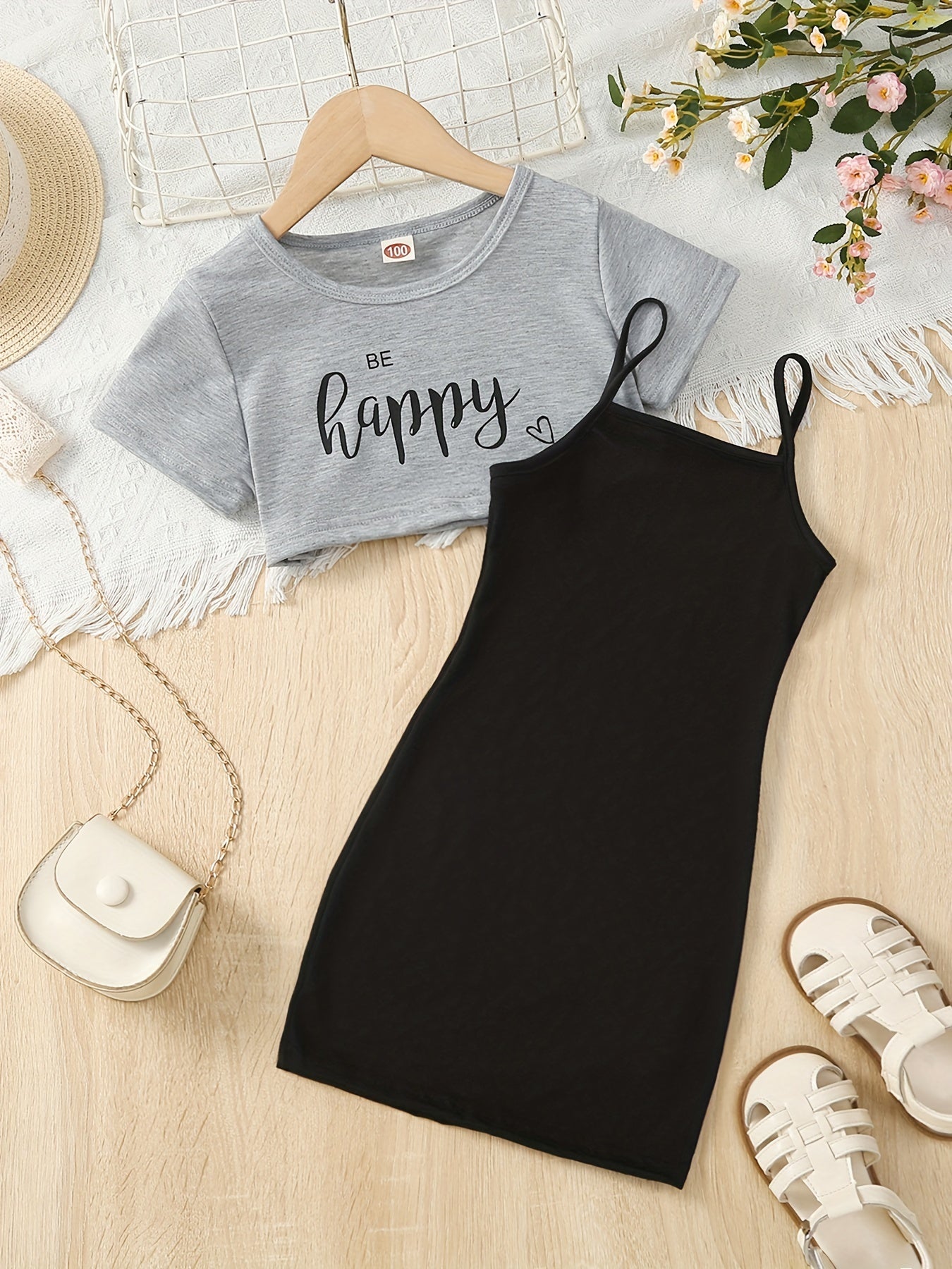 2pcs Toddler Girls BE HAPPY Graphic T Shirts & Cami Dress Set
