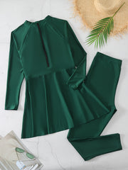 Solid Mock Neck Peplum Top & Leggings Surfing Sunsuit 2 Piece Set