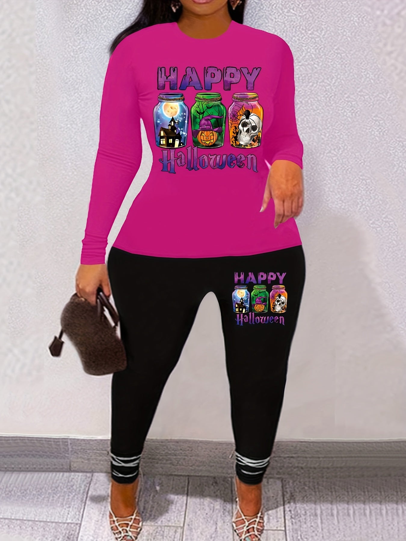 Halloween Print Two piece Set Casual Long Sleeve Tee & Skinny Pants