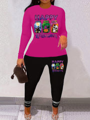 Halloween Print Two piece Set Casual Long Sleeve Tee & Skinny Pants