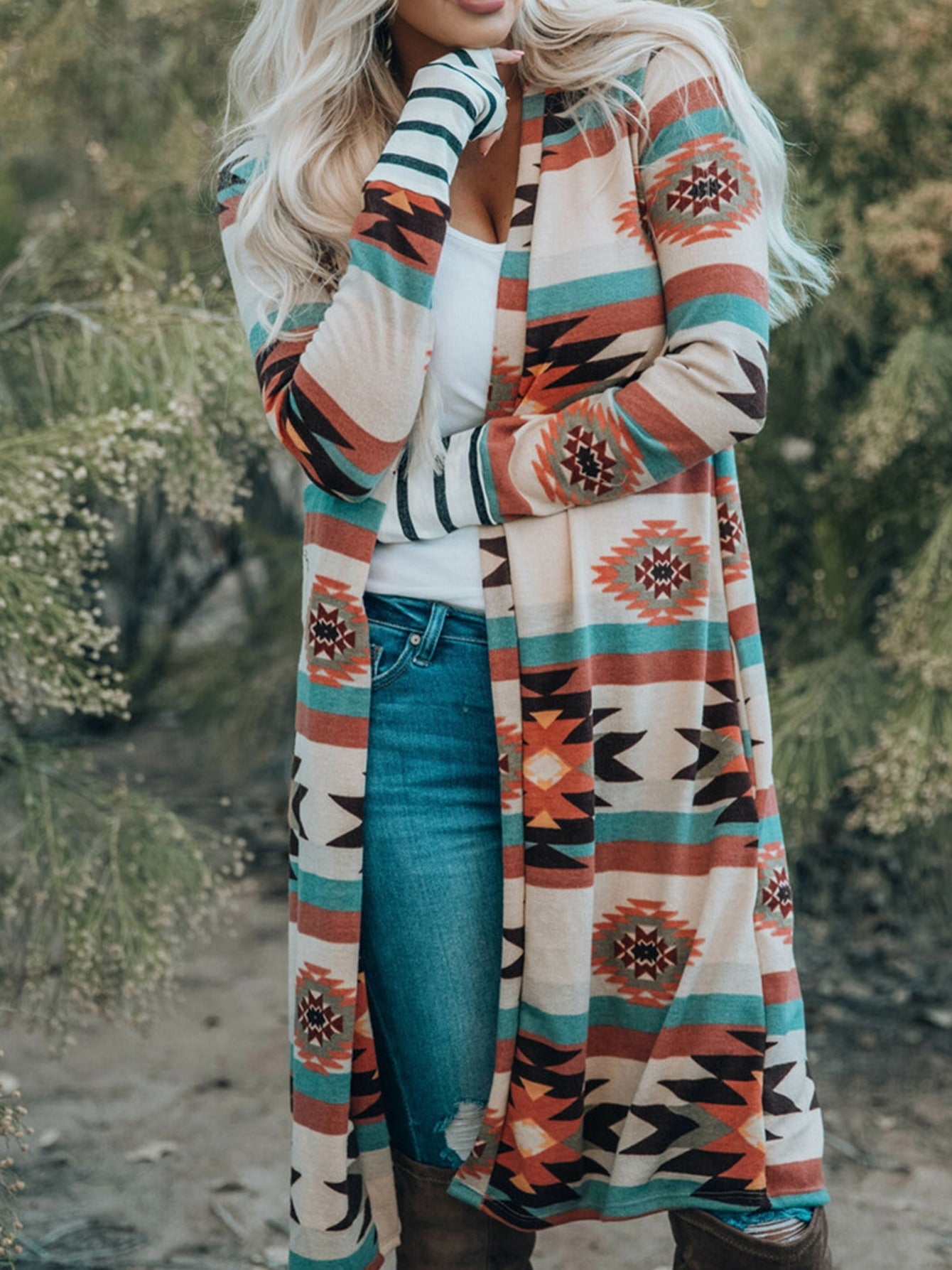 Women's Geometric Block Open Front Long Cardigan