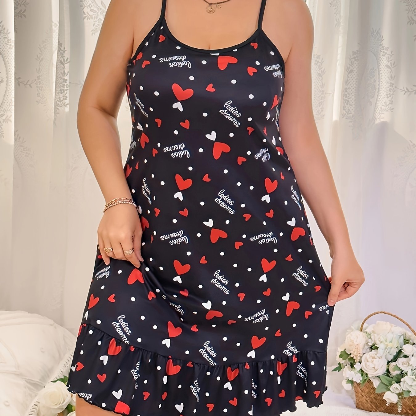 Heart & Letter Print Ruffle Trim Sleep Dress