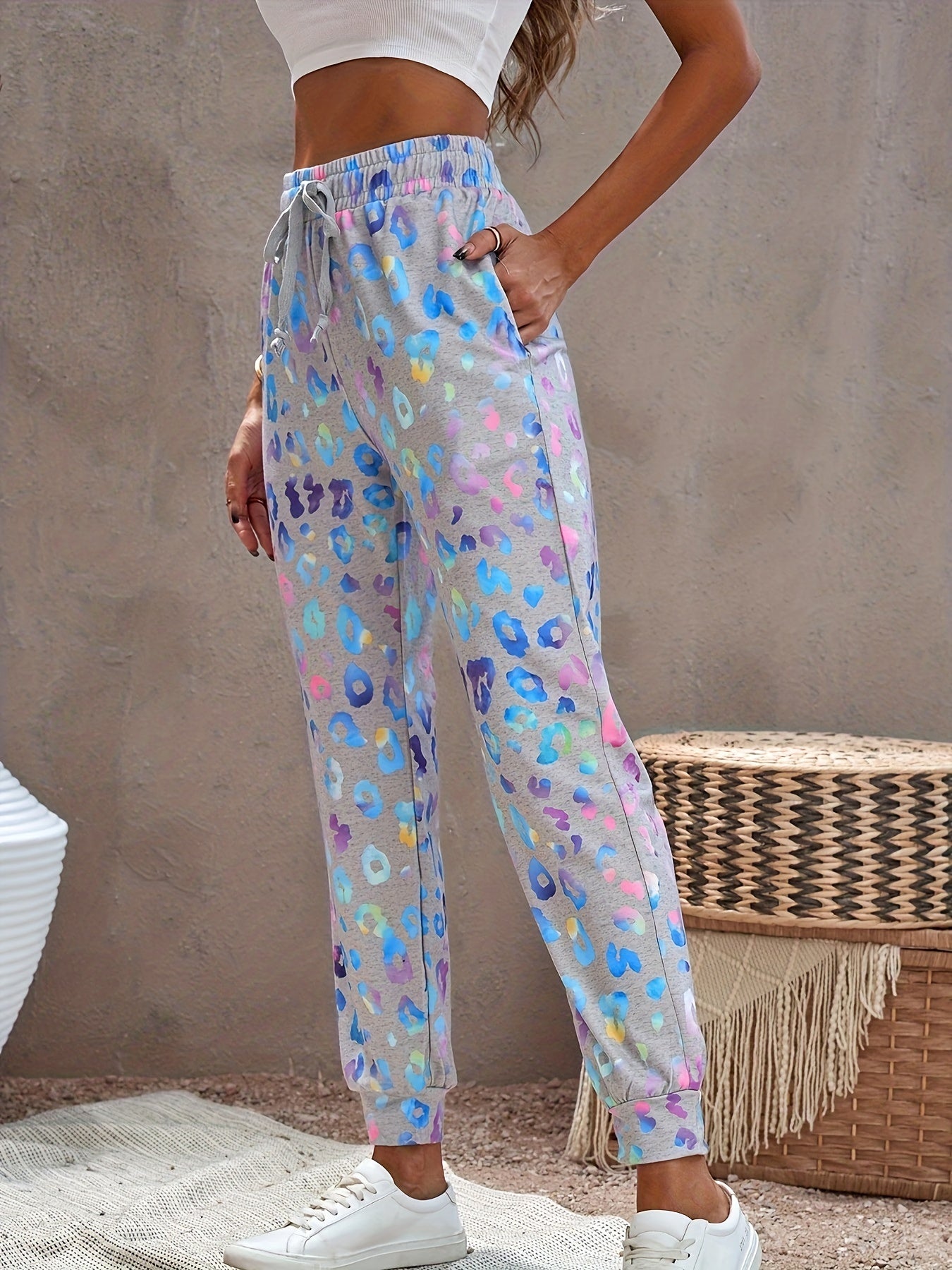 Leopard Print Sports Casual Pants Drawstring Women's Activewear