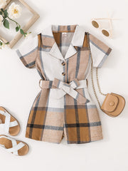 Girls Plaid Jumpsuit Button Short Sleeve Bow Belt Summer Outfit
