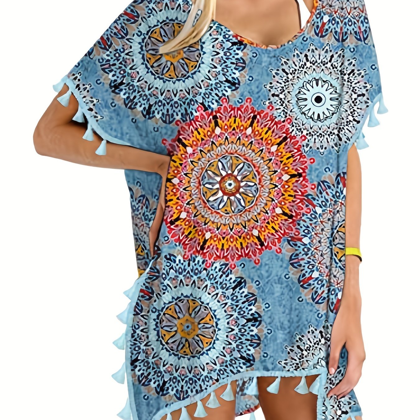 Floral Print Tassel Trim Beach Cover Up Kaftan Dress