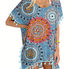 Floral Print Tassel Trim Beach Cover Up Kaftan Dress