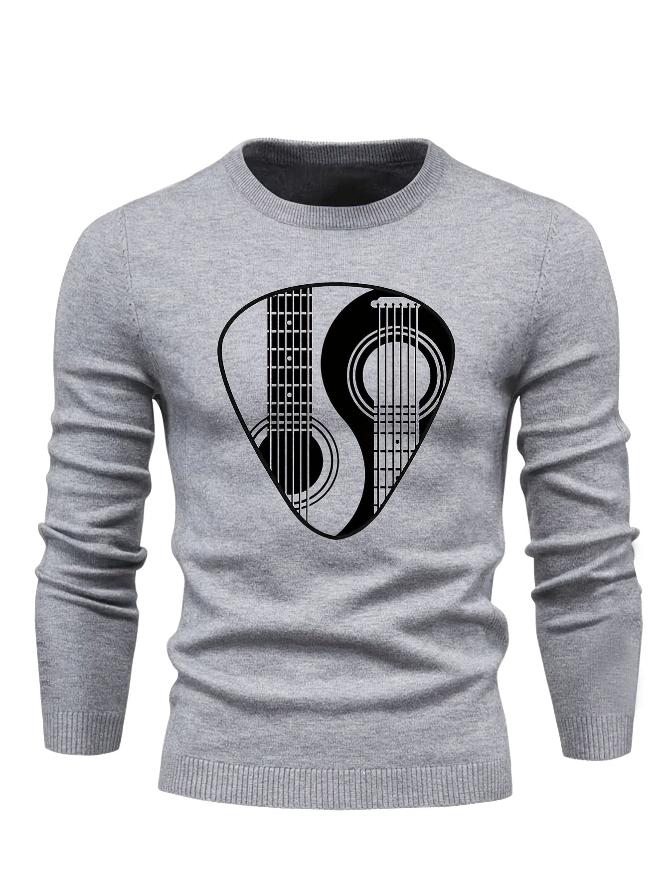Men's Instrument Print Knitted Sweater Active Mid Stretch Slim Fit Warm Pullover