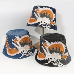 3D Dragon Embroidery Bucket Hat Denim Vintage Basin Hat