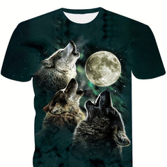Boys' Wolf & Moon 3D Print T Shirt for Outdoor Summer Fun