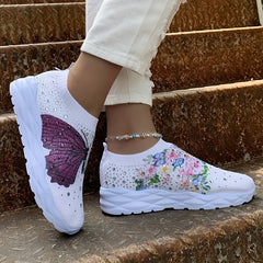 Women's Butterfly & Floral Print Sneakers Rhinestone Decor Knit Shoes