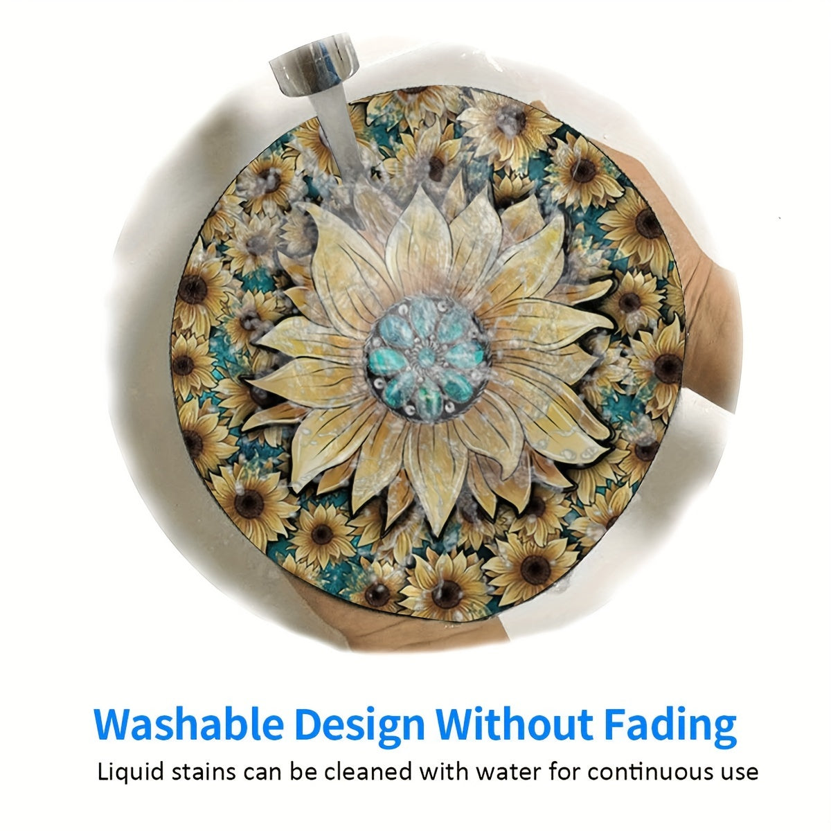 Boho Sunflower & Turquoise Round Mouse Pad Non Slip Base Mousepad