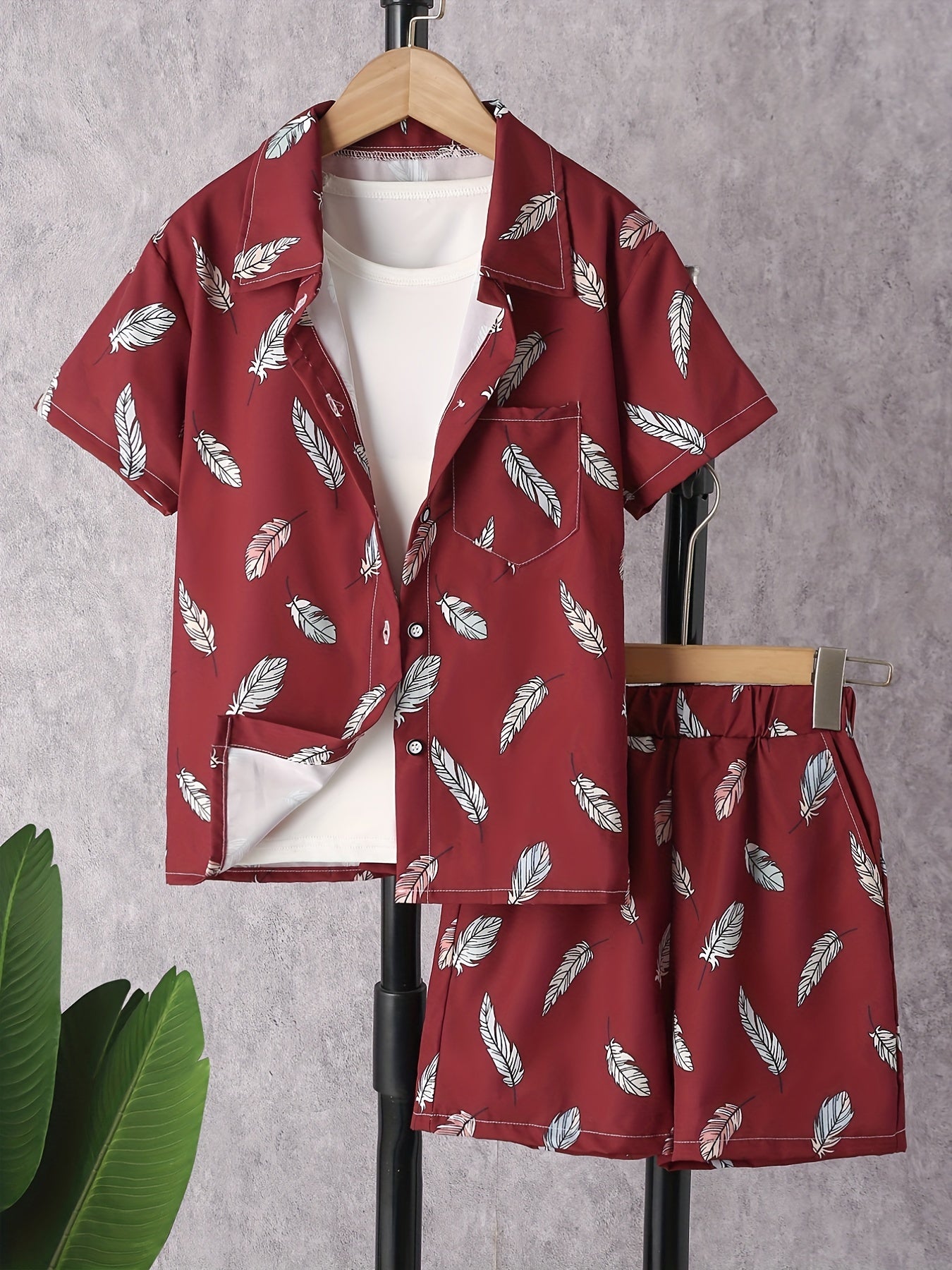 Boy's Feather Pattern Outfit 2pcs Short Sleeve Shirt & Shorts Set