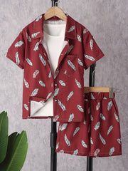 Boy's Feather Pattern Outfit 2pcs Short Sleeve Shirt & Shorts Set