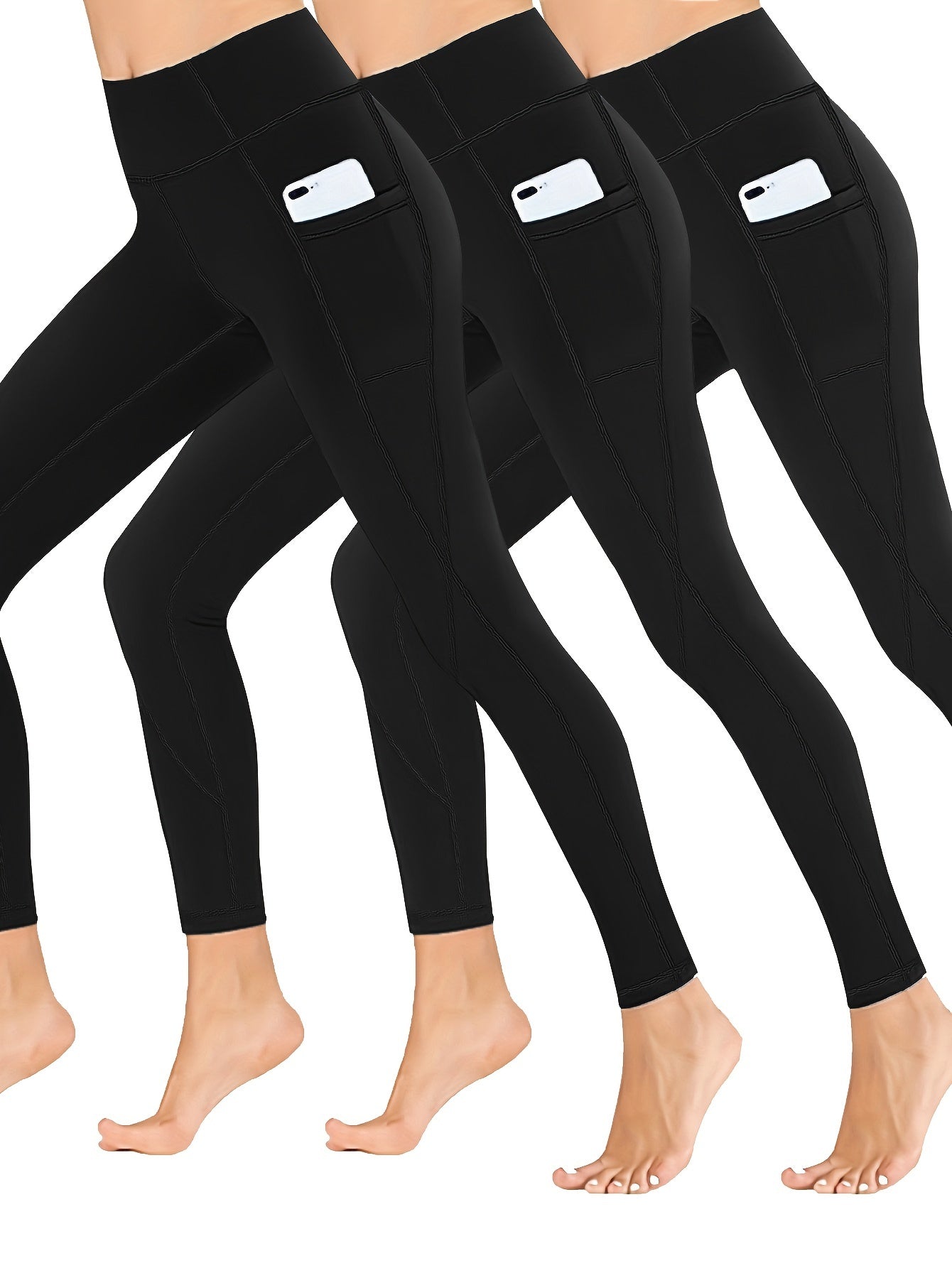 3 Pack Plus Size Sports Leggings Women's Solid Pipping High Rise High Stret