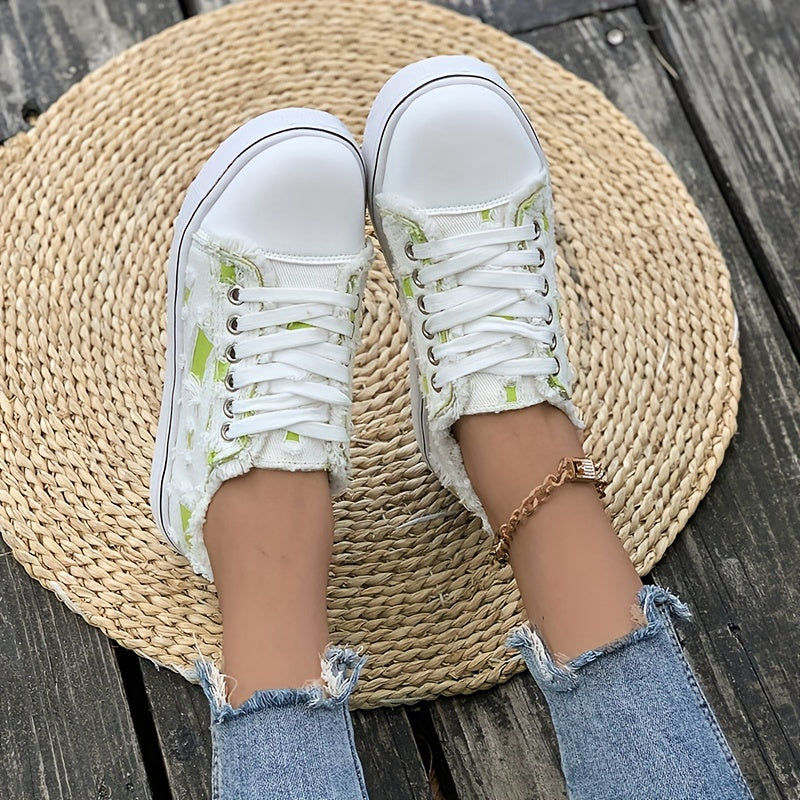Women's Flat Canvas Sneakers Lace Up Low Top Trainers Casual Shoes