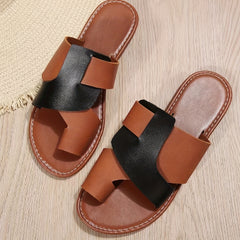 Women's Cross Strap Slippers Faux Leather Flat Beach Shoes
