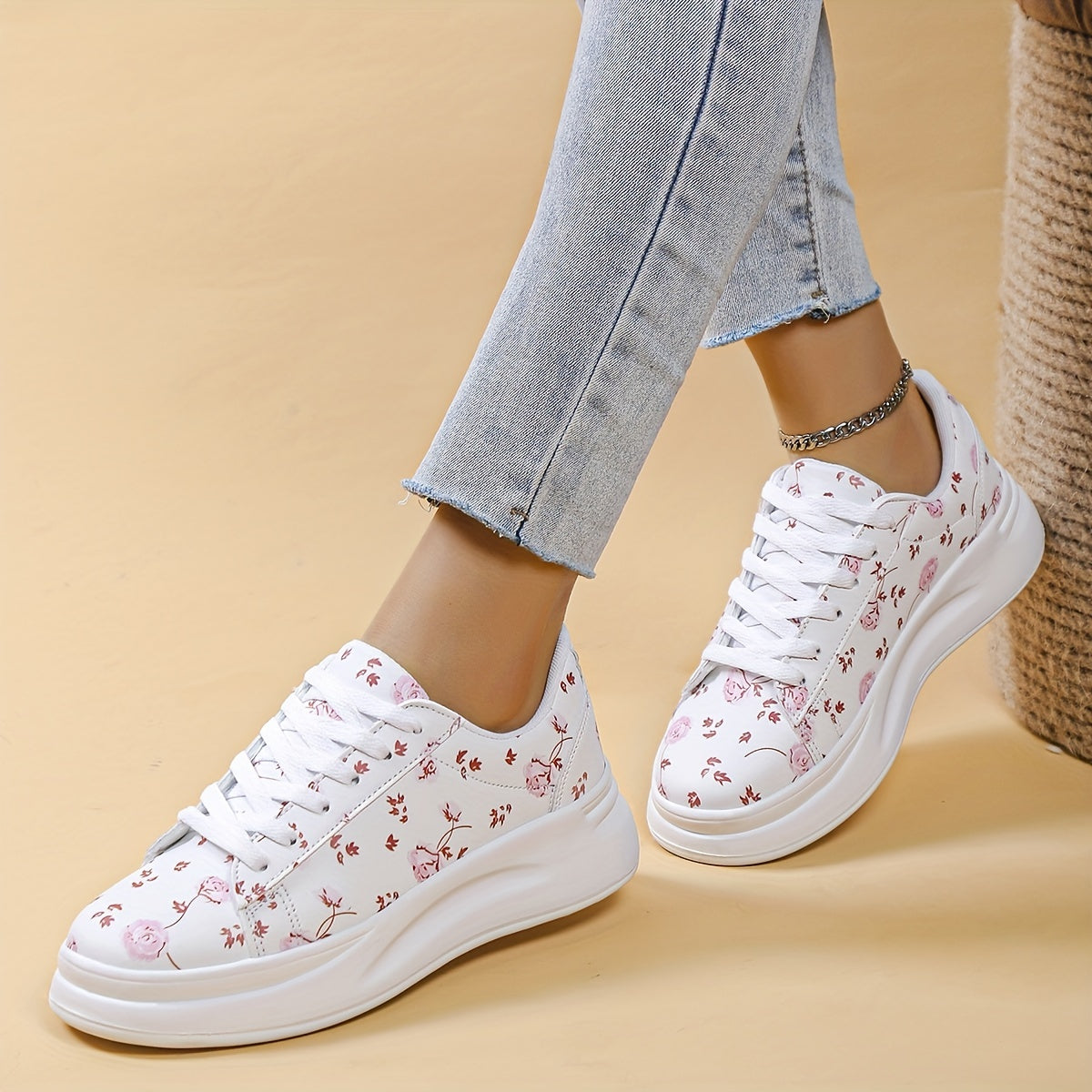 Women's Floral Print Flat Shoes Lace Up Low Top Sneakers