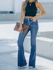 Casual Jeans Women's Plus Washed Pipping Button Fly High Stretch Flare