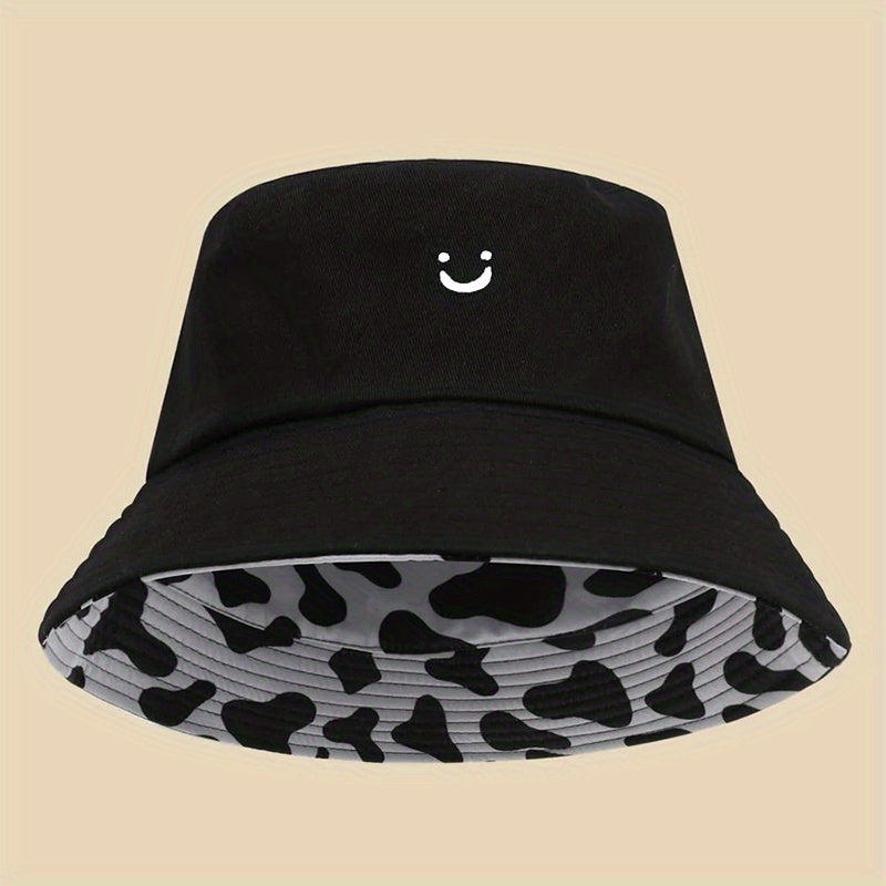 Cow Pattern Reversible Bucket Hat Smiling Face Embroidery Basin Hat