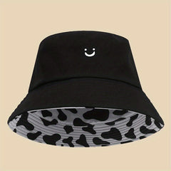Cow Pattern Reversible Bucket Hat Smiling Face Embroidery Basin Hat