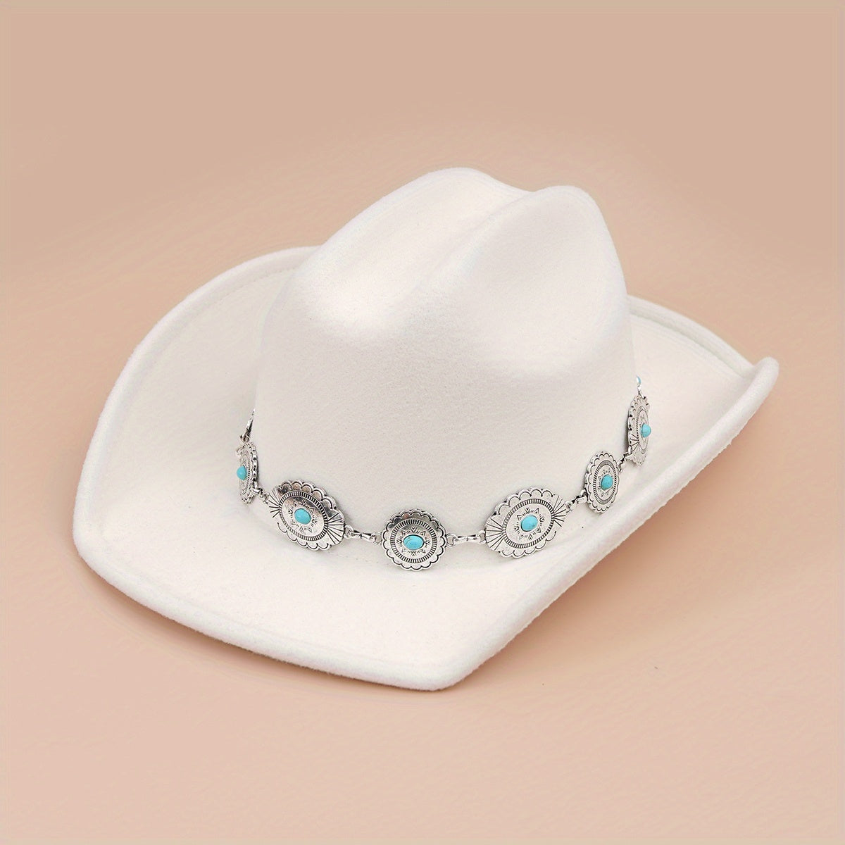 Turquoise Chain Decor Fedora Cap Solid Boho Jazz Hat Unisex Cowgirl Felt Hat