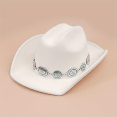 Turquoise Chain Decor Fedora Cap Solid Boho Jazz Hat Unisex Cowgirl Felt Hat