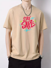 Cotton STAY SAFE Print Men's Graphic Crew Neck Active T shirt