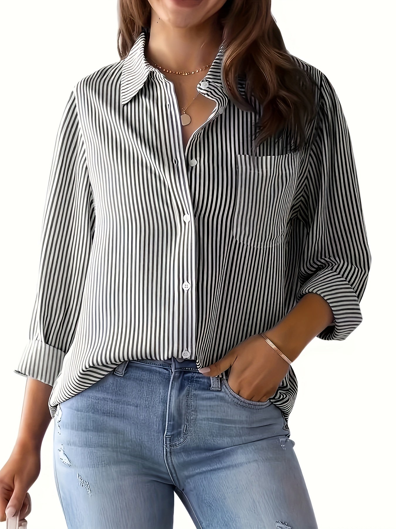 Stripe Print Button Up Long Sleeve Blouse