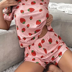 Strawberry Print Pajamas Set Short Sleeve Crew Neck Top & Shorts