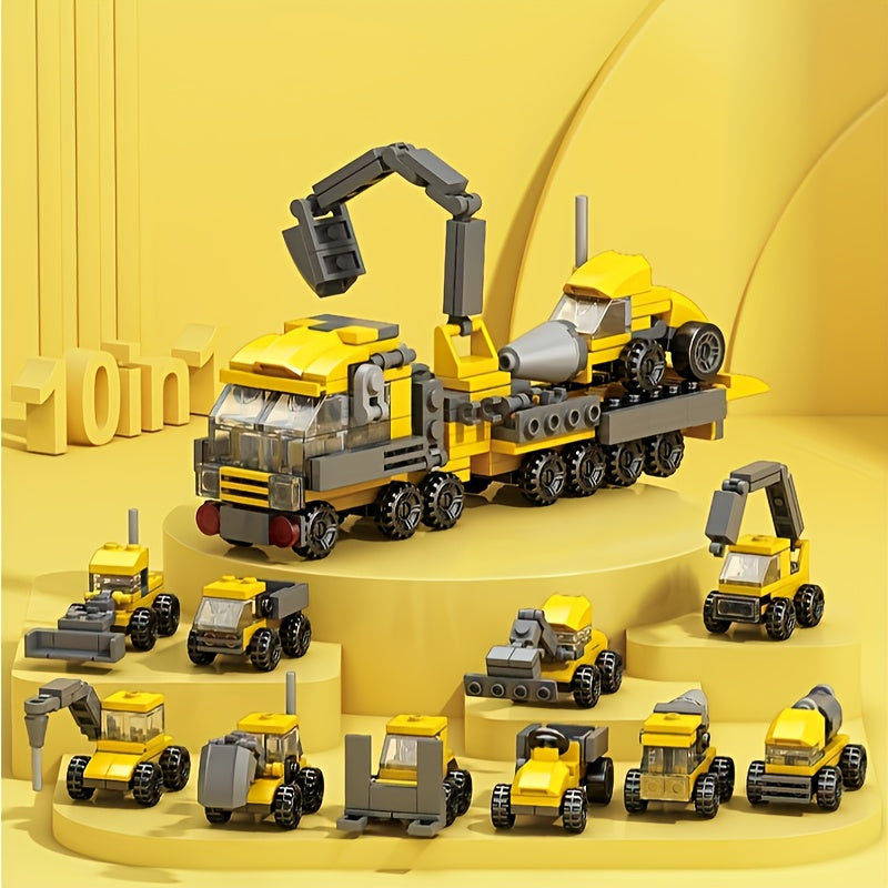 10pcs Mini Construction Vehicle Building Block Set Excavator Dump Truck Backhoe