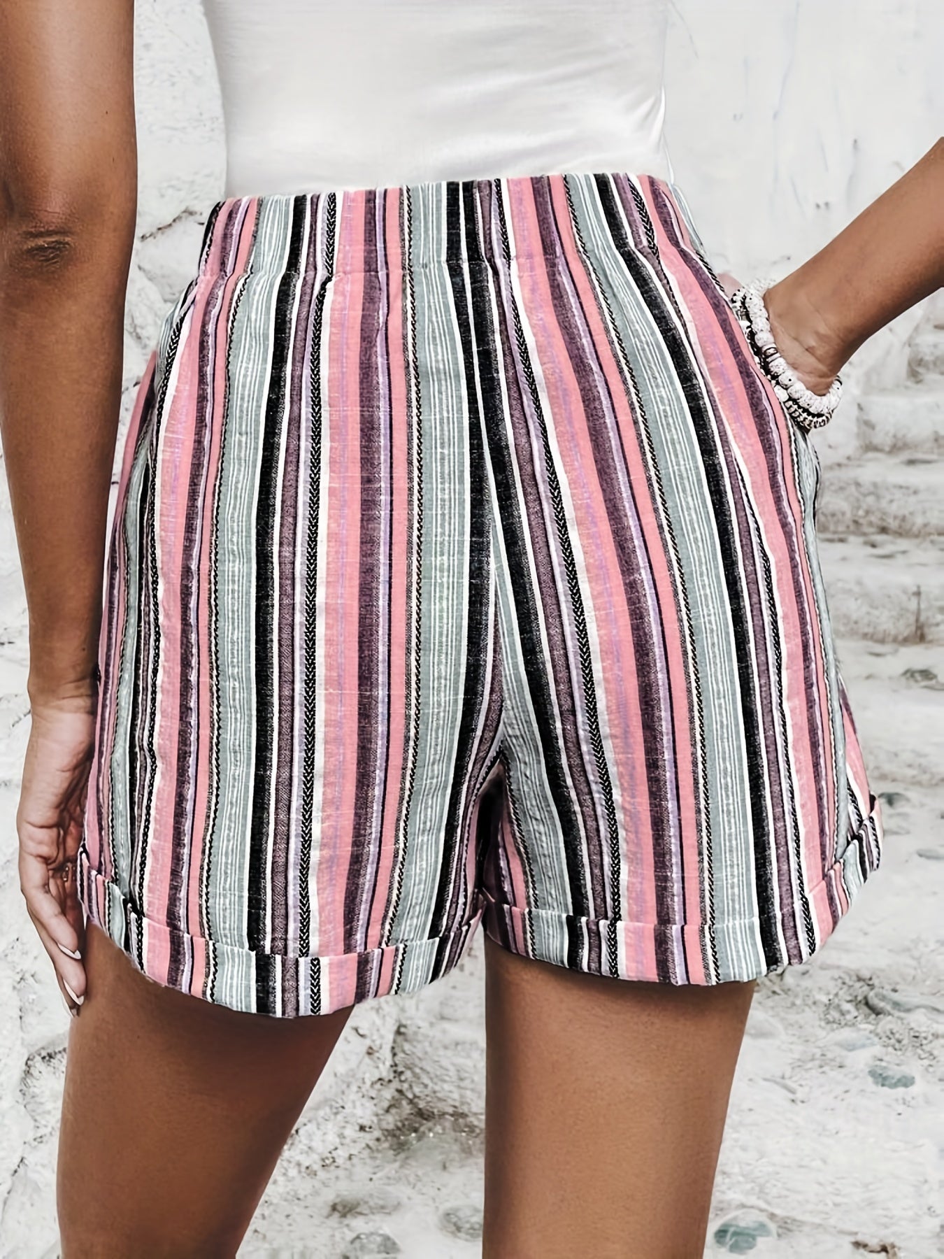 Striped Elastic Waist Shorts Boho Button Summer Women's Clothing