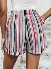 Striped Elastic Waist Shorts Boho Button Summer Women's Clothing