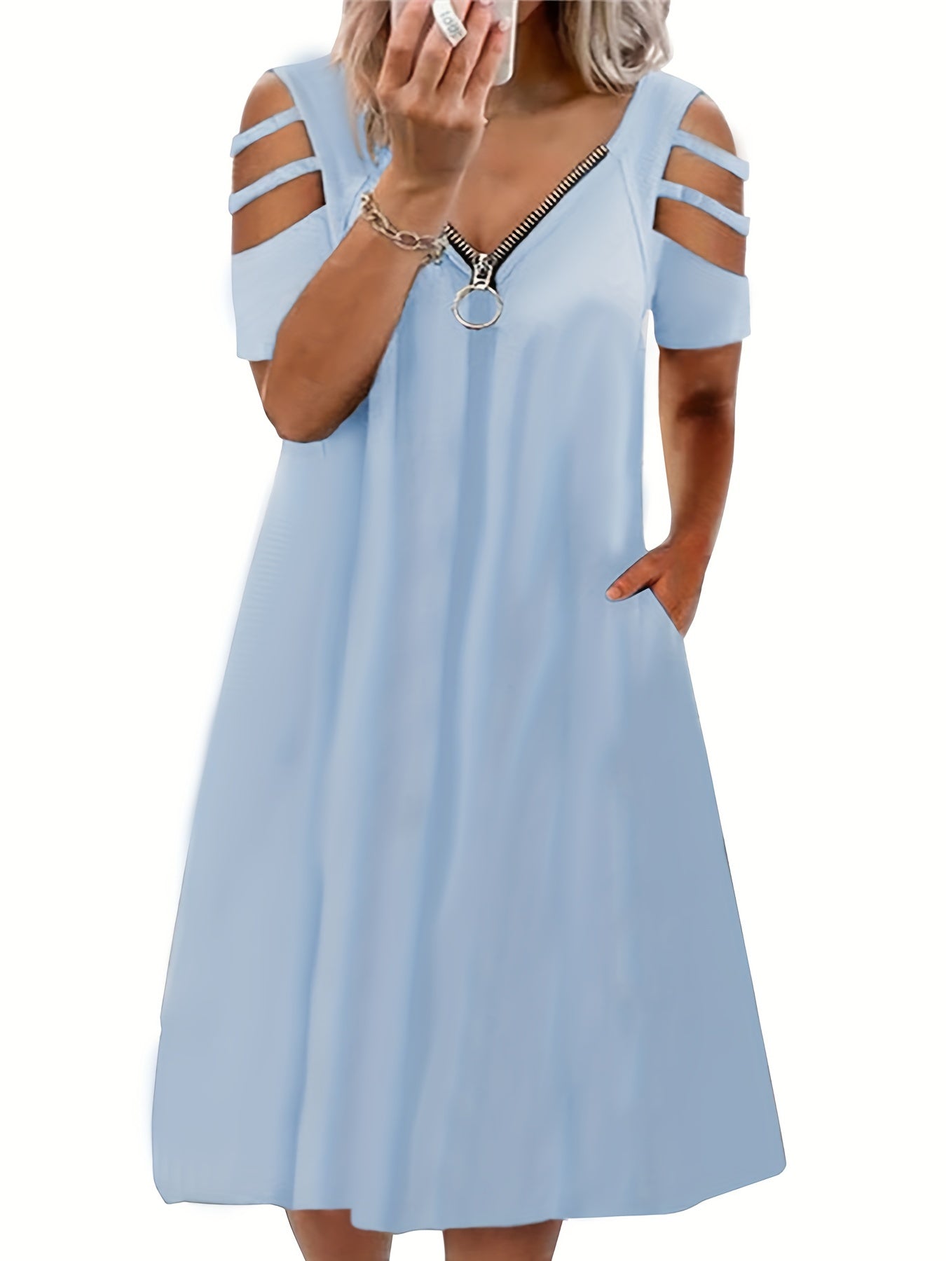 Solid Zipper Cut Out V Neck Dress With Pockets