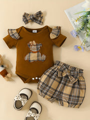 Baby Girls Plaid Bear T shirt & Bow Shorts Set