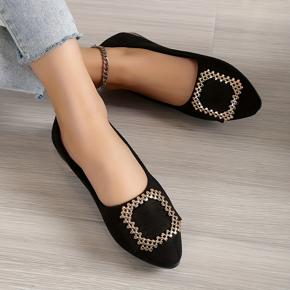 Women's Pointed Toe Ballet Flats Soft Sole Shoes Square Metal Decor