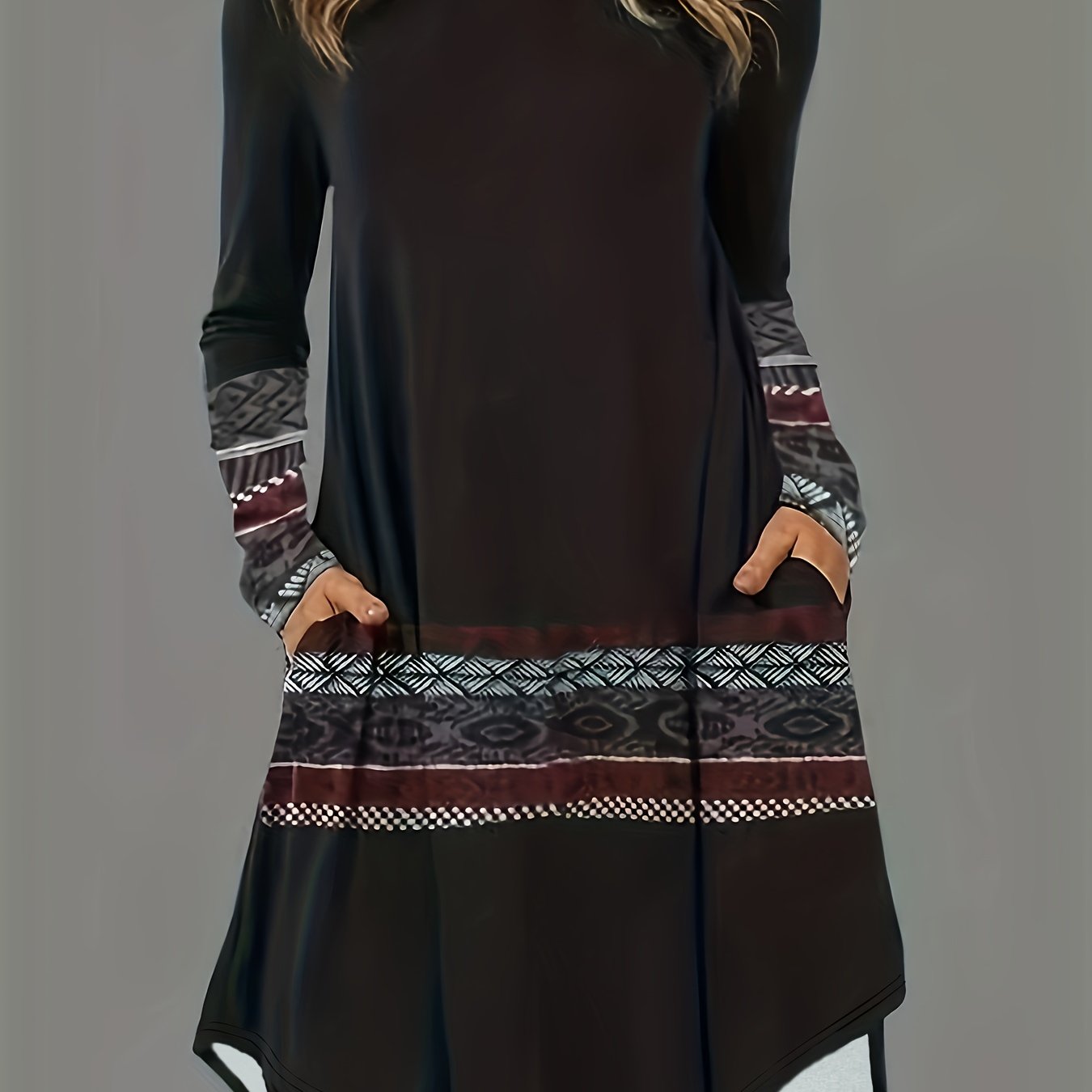 Geometric Print Long Sleeve Plus Size Casual Dress with Pockets