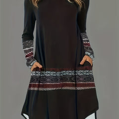 Geometric Print Long Sleeve Plus Size Casual Dress with Pockets