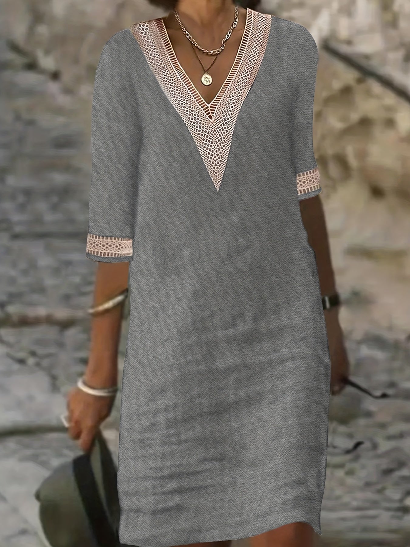 Guipure Lace V Neck Dress Short Sleeve for Spring & Summer