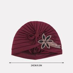 Wine Red Beaded Flower Turban Head Wrap Elastic Chemo Hat
